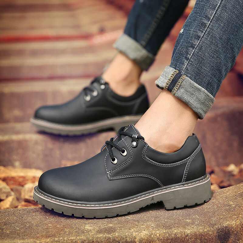 秋季男士休閑皮鞋厚底真皮低幫系帶工裝鞋大頭男皮鞋馬丁鞋靴潮鞋 黑色 42