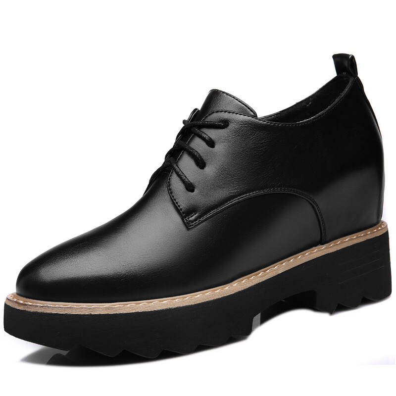 古奇天倫2016春秋新款厚底內(nèi)增高女鞋秋季新款英倫松糕底單鞋圓頭系帶休閑皮鞋8495 黑色 38