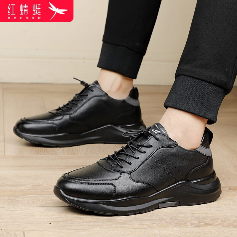 紅蜻蜓 RED DRAGONFLY 男鞋低幫系帶平底皮鞋韓版百搭時尚小黑鞋子皮面運動休閑皮鞋男 WTA317141 黑色 39