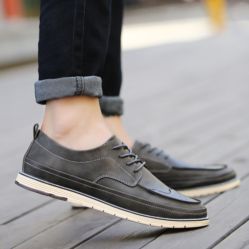 夏秋季新款英倫風休閑皮鞋男布洛克雕花小皮鞋男鞋子青年休閑百搭低幫潮鞋男鞋 深灰色 39